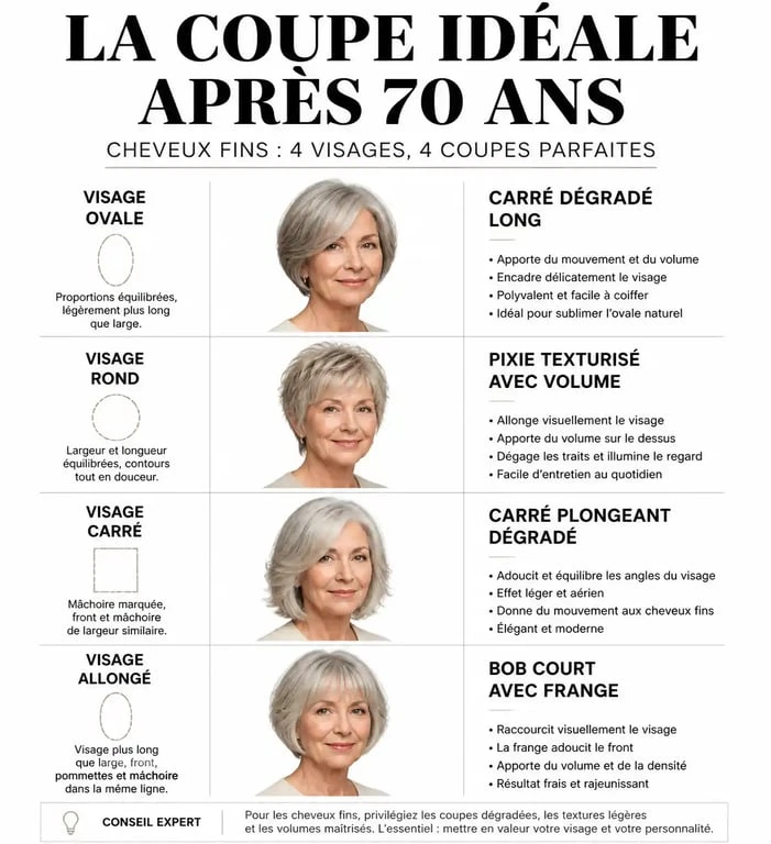 Infographie des meilleures coupes de cheveux pour femme de 70 ans aux cheveux fins selon la forme du visage