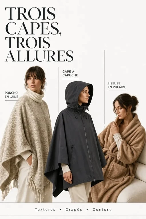 Différents styles de cape chaude pour femme : poncho, cape à capuche et liseuse polaire pour l'hiver