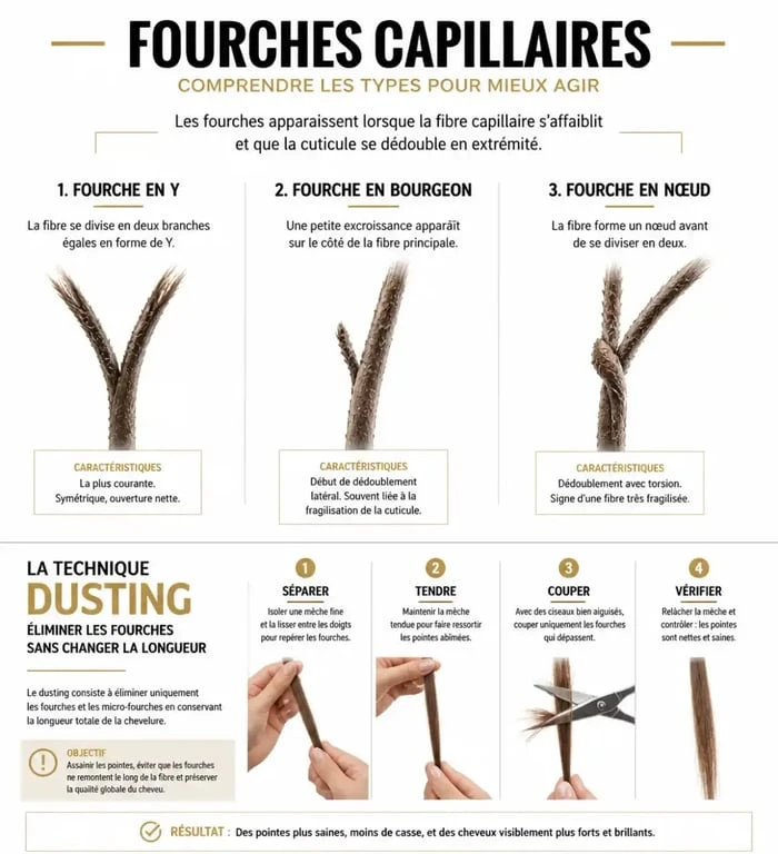 Schéma explicatif des types de fourches et de la technique pour couper les fourches sans perdre de longueur