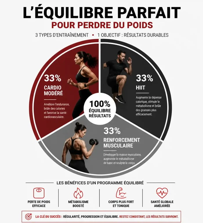 Infographie illustrant l'équilibre entre cardio, HIIT et renforcement musculaire pour maigrir par le sport