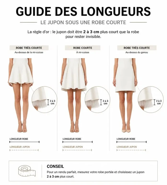 Infographie explicative sur le choix de la longueur d'un jupon sous robe courte pour éviter la transparence et assurer le confort.