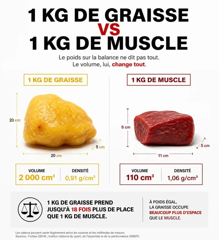 Infographie comparant le volume de la graisse et du muscle pour comprendre pourquoi on s'affine sans perdre de poids