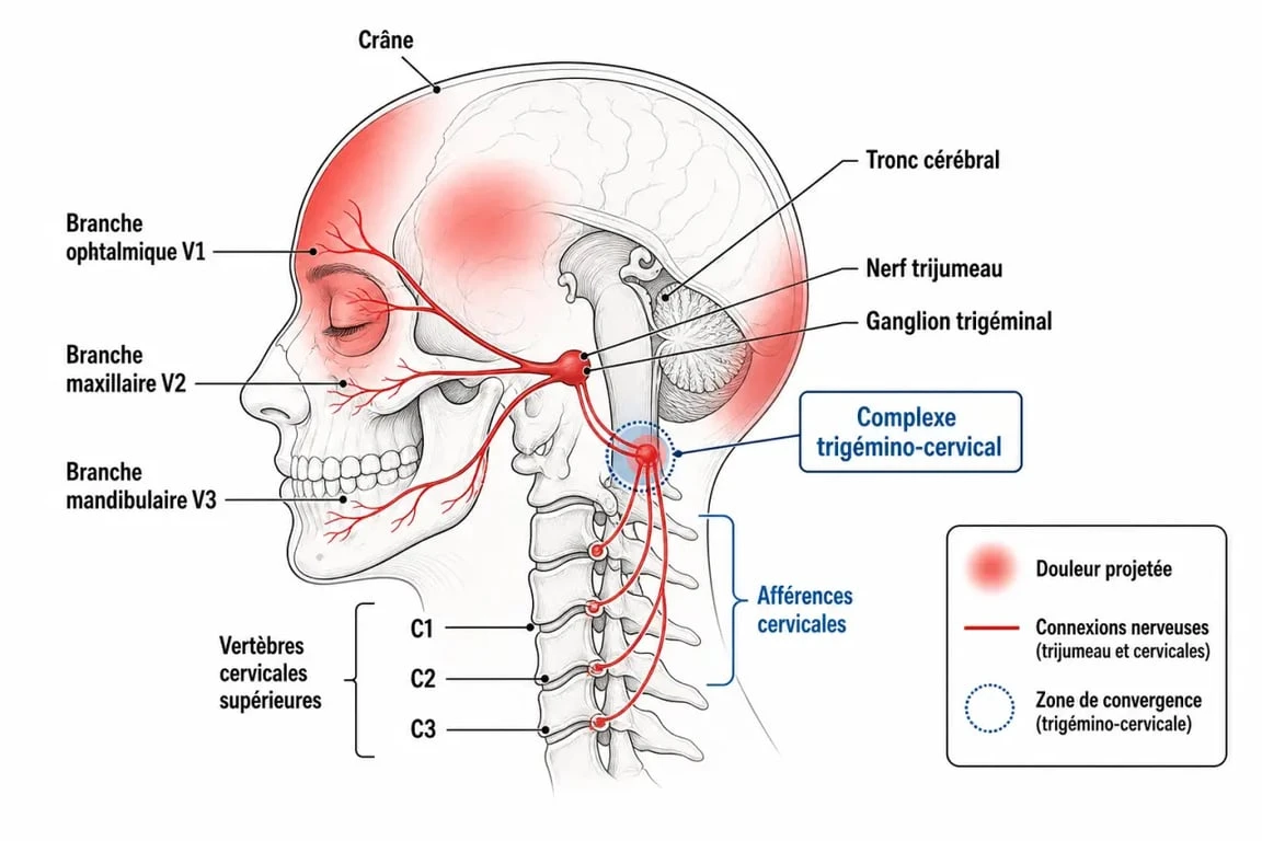 Schéma anatomique du complexe trigémino-cervical expliquant les maux de tête et cervicales