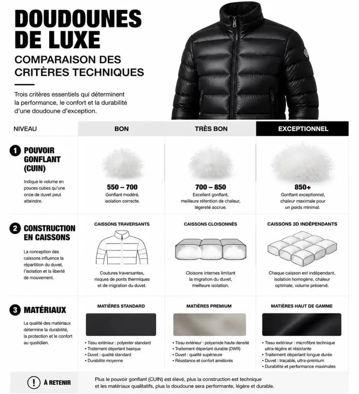 Comparatif des critères techniques d'une marque de doudoune de luxe : CUIN, construction et matériaux