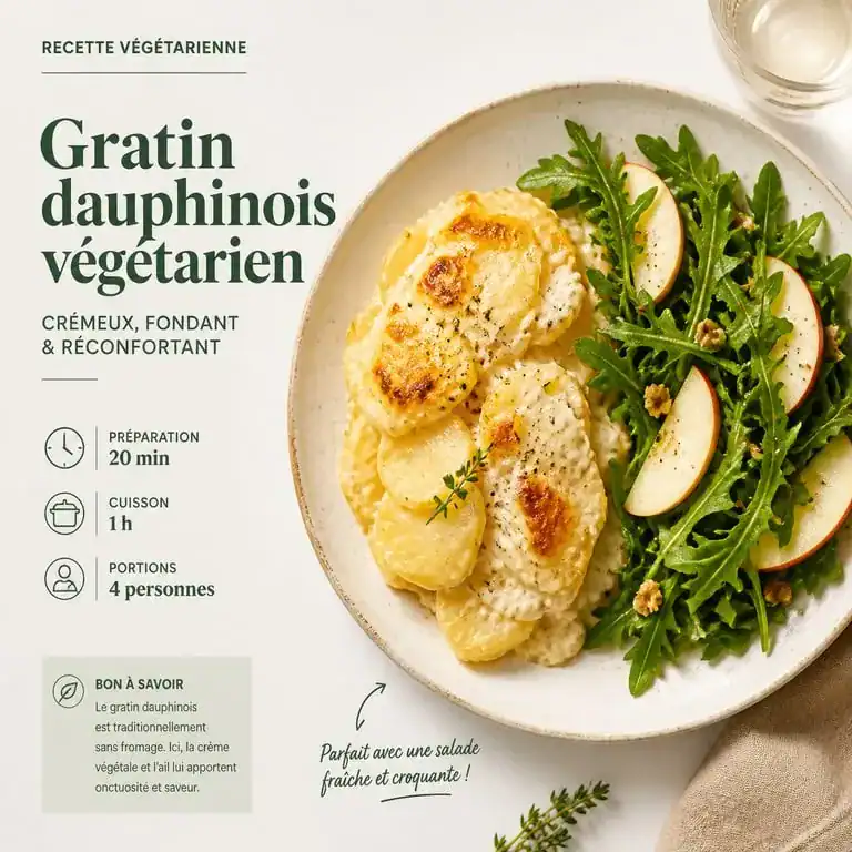 Gratin dauphinois végétarien accompagné d'une salade fraîche pour un repas sans viande