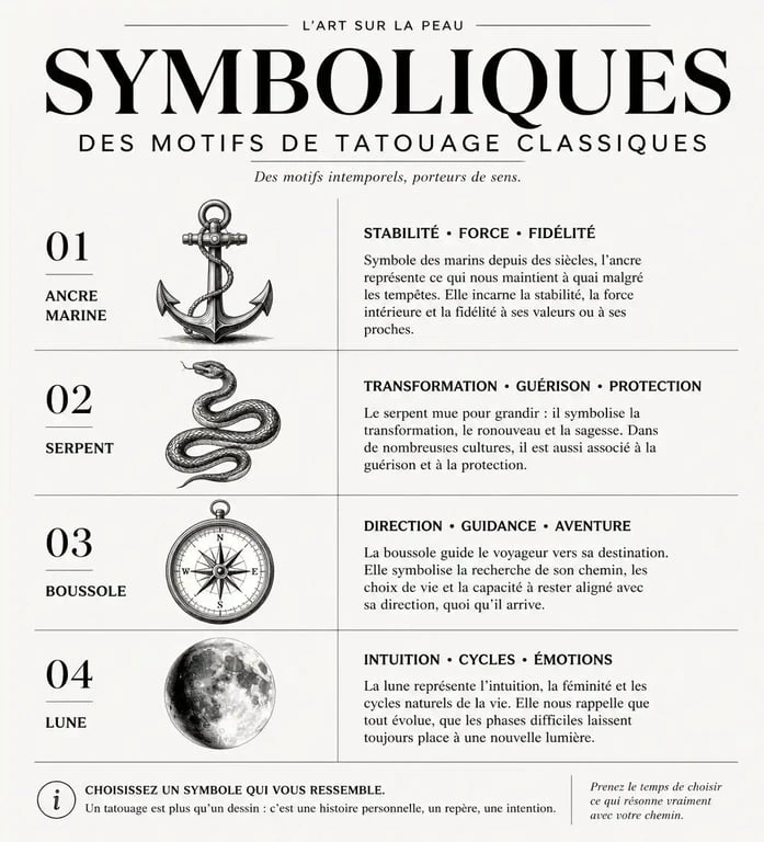 Infographie des symboliques de motifs de tatouage : ancre, serpent, boussole et lune pour choisir son motif tatouage