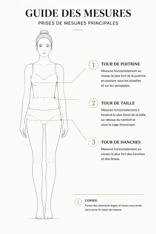 Schéma des points de mesure pour les mensurations idéales d'une femme de 1m60