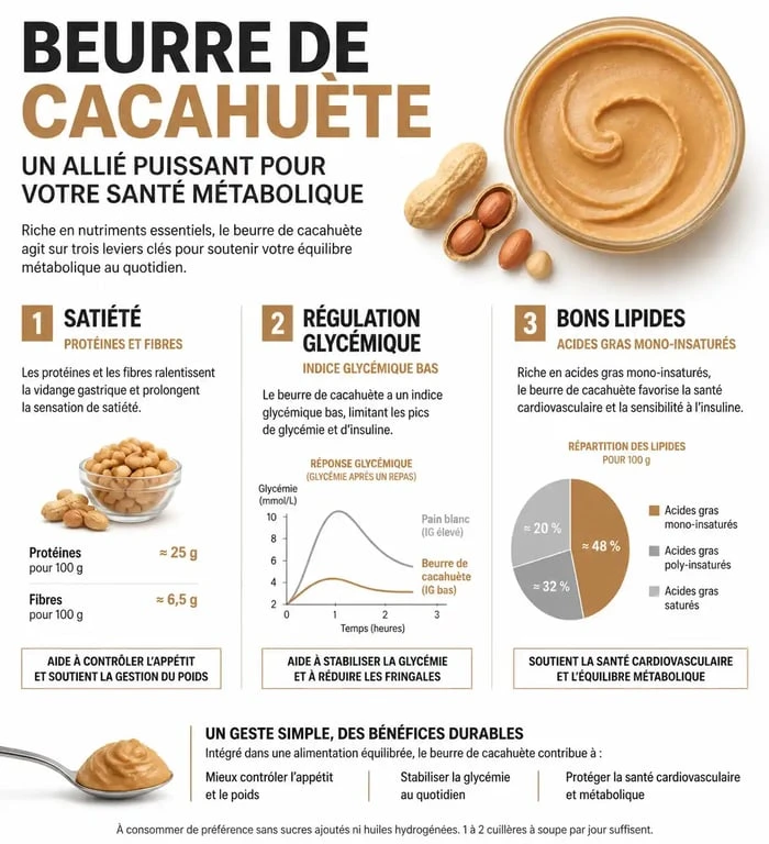 Infographie sur les bienfaits du beurre de cacahuète pour un ventre plat et la santé métabolique