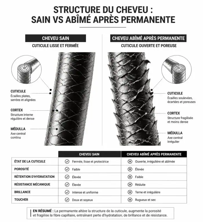 Schéma comparatif de la structure capillaire : cheveu sain vs cheveu paille après permanente