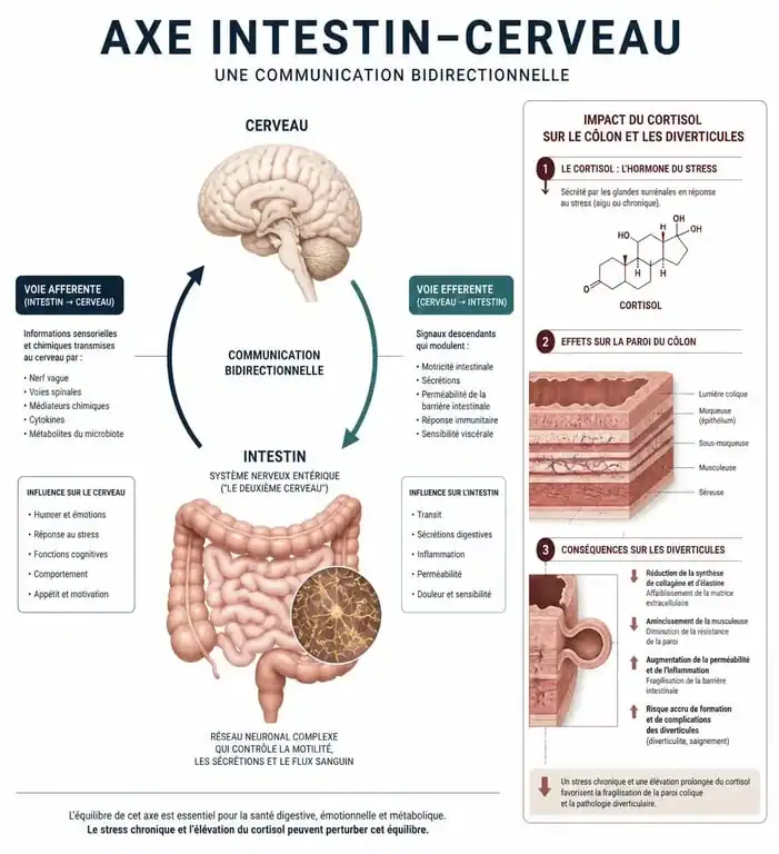 Schéma explicatif du lien entre stress et diverticulite : impact du cortisol sur le côlon