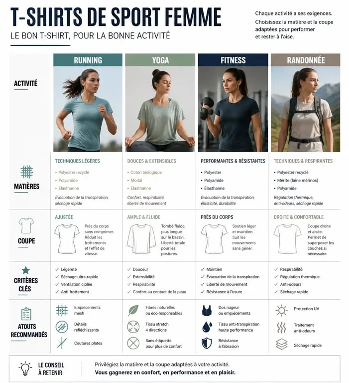 Tableau comparatif des t-shirts de sport femme selon l'activité, la matière et la coupe pour choisir le meilleur équipement.