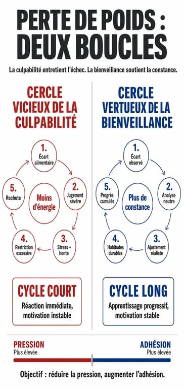 Infographie comparant le cercle vicieux de la culpabilité et le cercle vertueux de la bienveillance pour maigrir sans volonté
