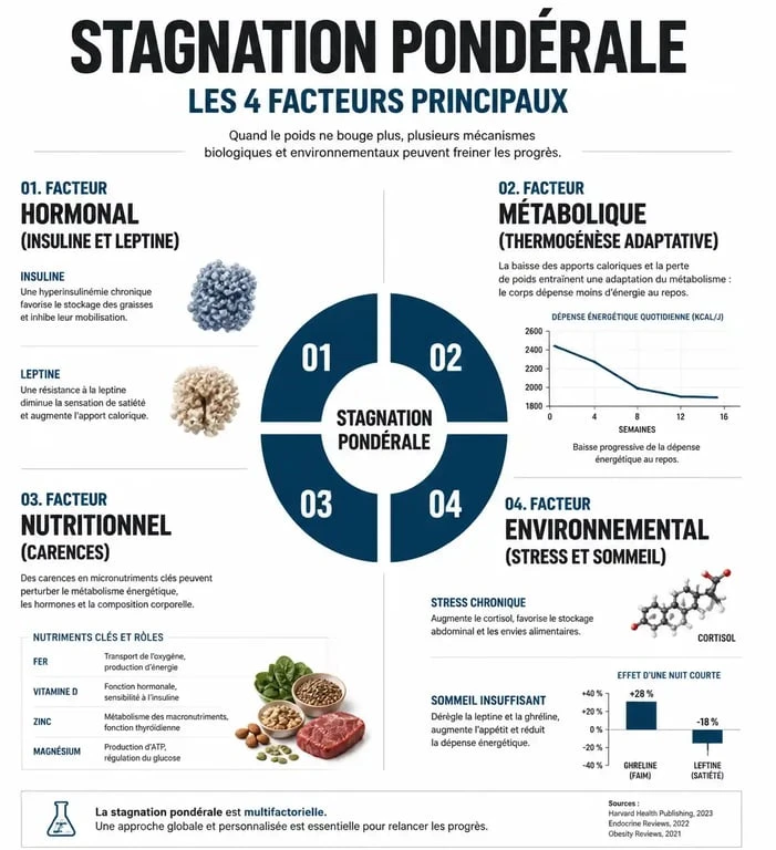 Infographie explicative des causes de la stagnation pondérale : pourquoi je n'arrive pas à maigrir malgré mes efforts.