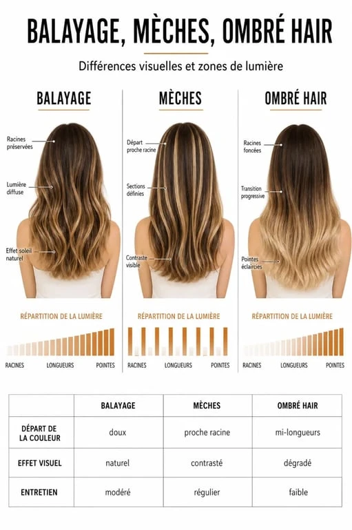 Différences visuelles entre balayage, mèches et ombré hair pour comprendre ce qu'est un balayage