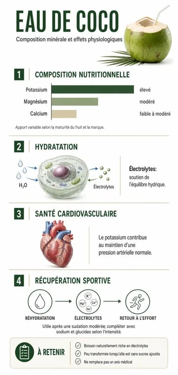 Infographie des bienfaits de l'eau de coco pour la santé et l'hydratation