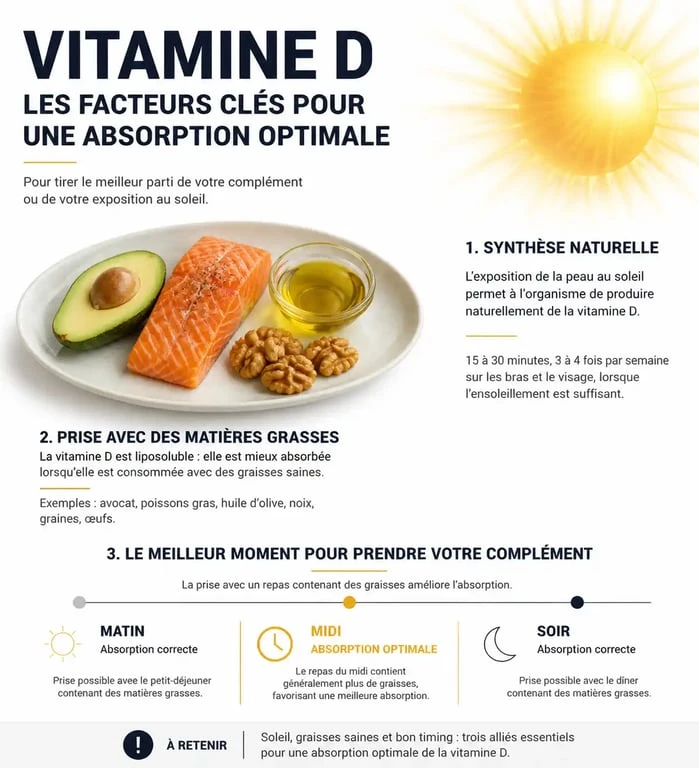 Infographie sur les conseils pour une absorption optimale de la vitamine D le soir ou le matin