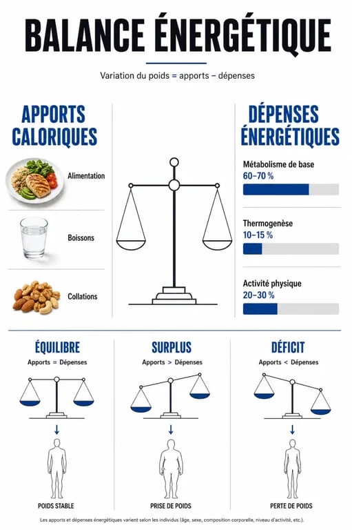 Infographie expliquant le principe du déficit calorique pour la perte de poids