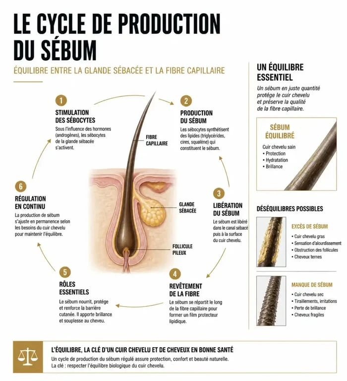 Infographie sur le cycle du sébum et la fréquence de lavage des cheveux pour comprendre s'il faut se laver les cheveux tous les jours
