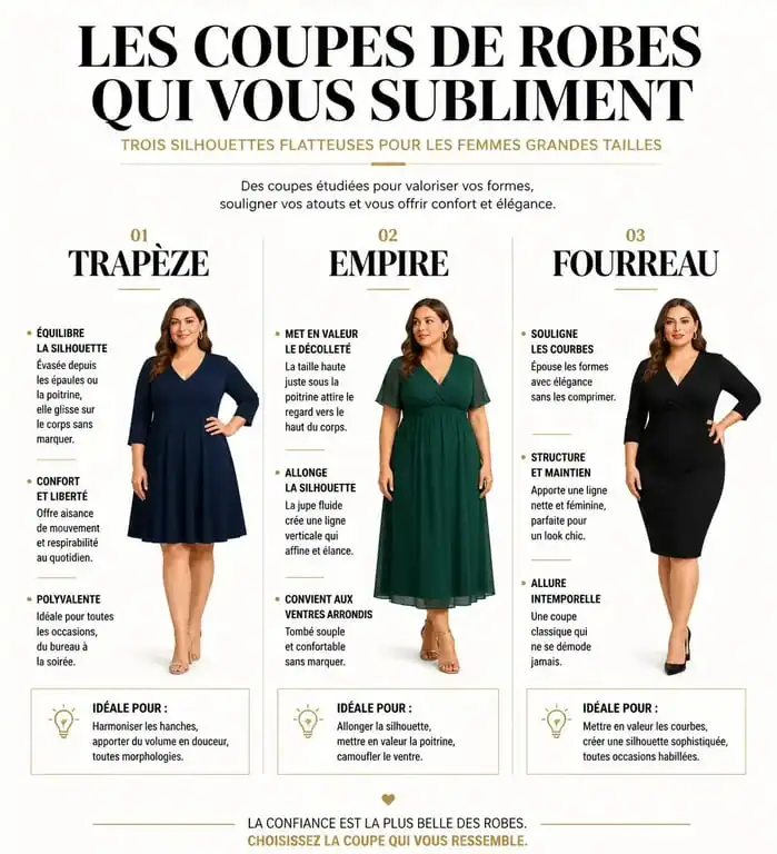 Infographie des coupes de robes habillées pour mariage grandes tailles selon la morphologie