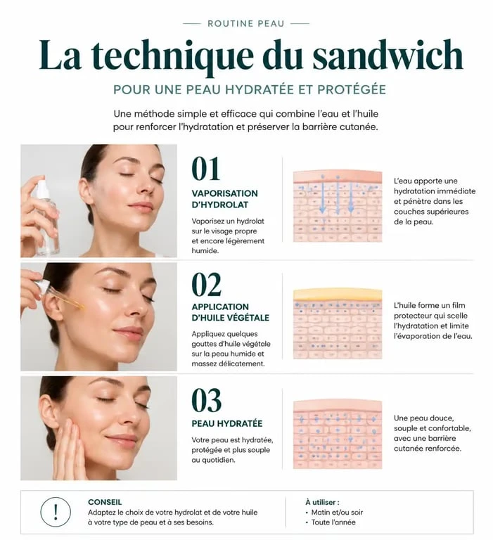 Technique du sandwich pour hydrater sa peau sans crème : hydrolat et huile végétale