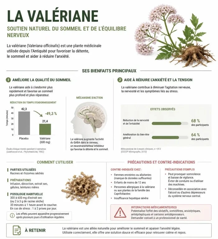 Infographie sur les bienfaits et effets secondaires de la valériane pour le sommeil et l'anxiété