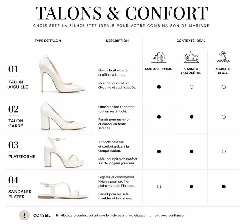 Infographie sur le choix des chaussures avec une combinaison pour un mariage selon le type de talon et le lieu de la cérémonie