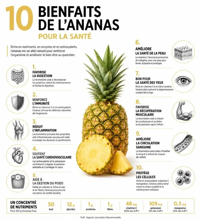 Infographie des 10 bienfaits de l'ananas pour la santé et la nutrition