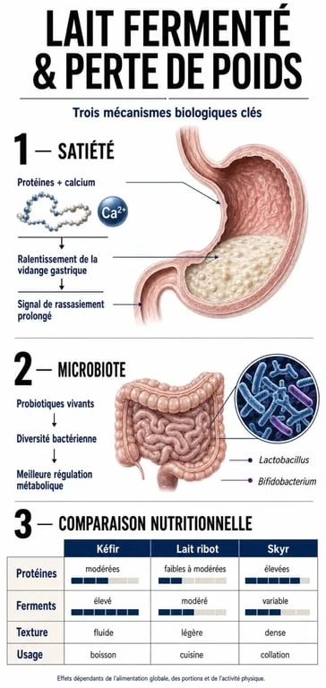 Infographie sur les bienfaits du lait fermenté et perte de poids, expliquant le rôle des probiotiques et de la satiété.