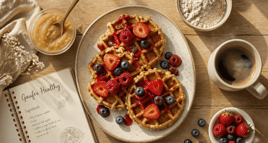Gaufre healthy peu calorique avec fruits rouges et compote