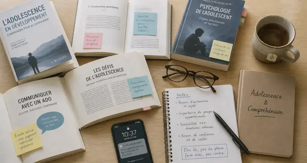 livre adolescence sur bureau avec carnet et mug