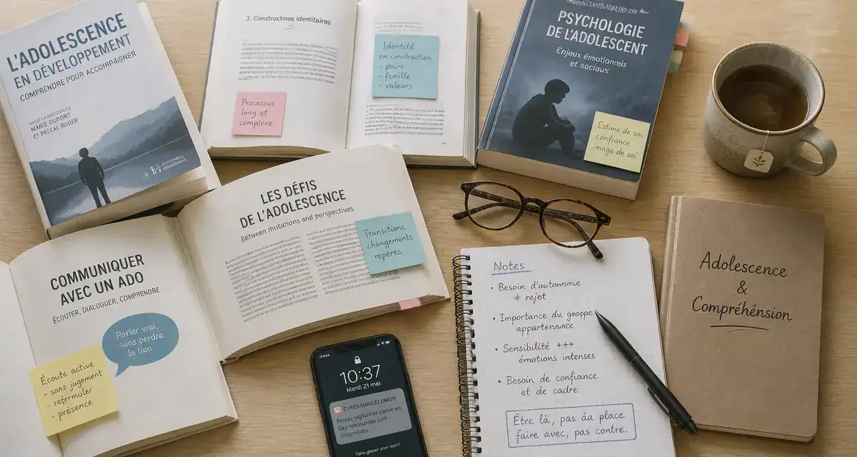 livre adolescence sur bureau avec carnet et mug