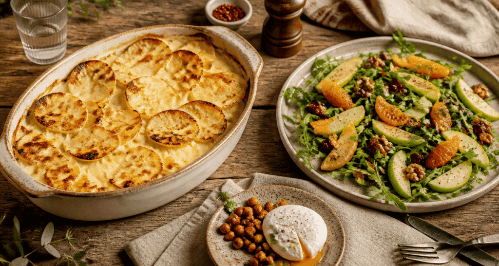 que manger avec un gratin dauphinois sans viande, salade, pois chiches et œuf poché