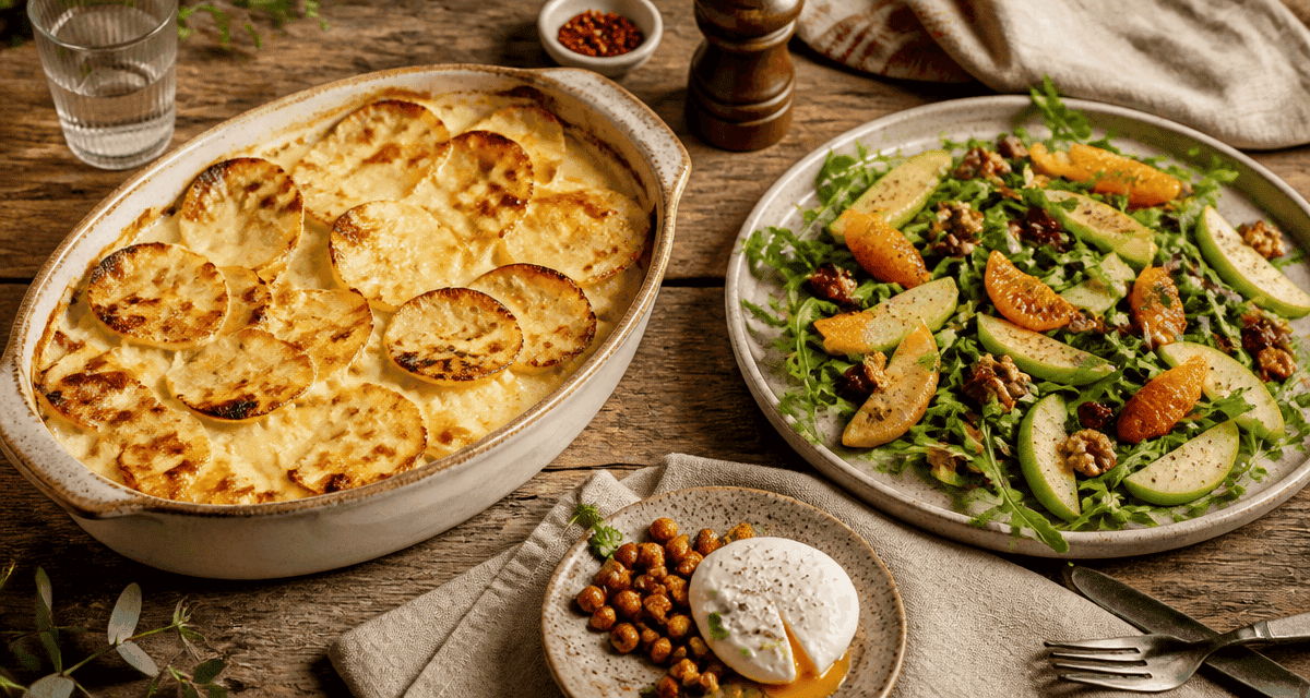 que manger avec un gratin dauphinois sans viande, salade, pois chiches et œuf poché