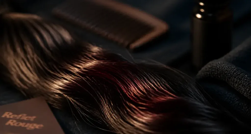 Reflet rouge sur cheveux noir, brillance rubis sur mèches