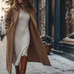 Robe blanche hiver : femme en robe blanche chaude sous manteau camel en neige