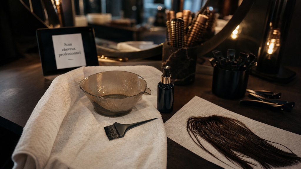 Soin cheveux coiffeur en salon : bol et applicateur pour fibre capillaire
