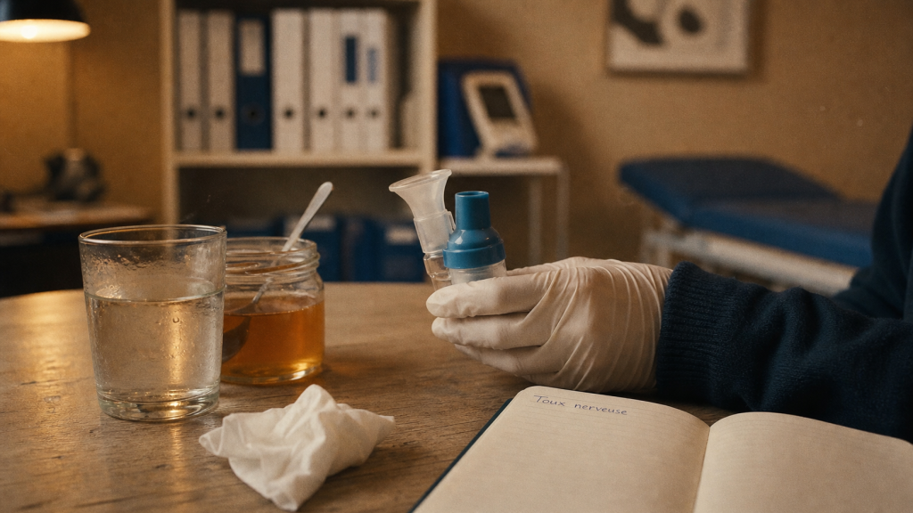 Stress et toux : mouchoir, miel et appareil de respiration en consultation