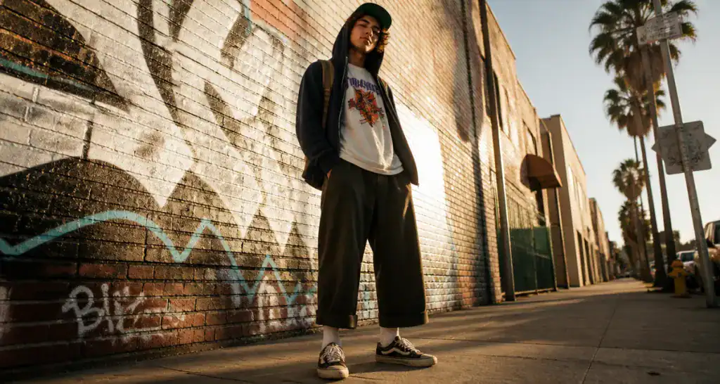 Style skateur homme authentique debout rue urbaine