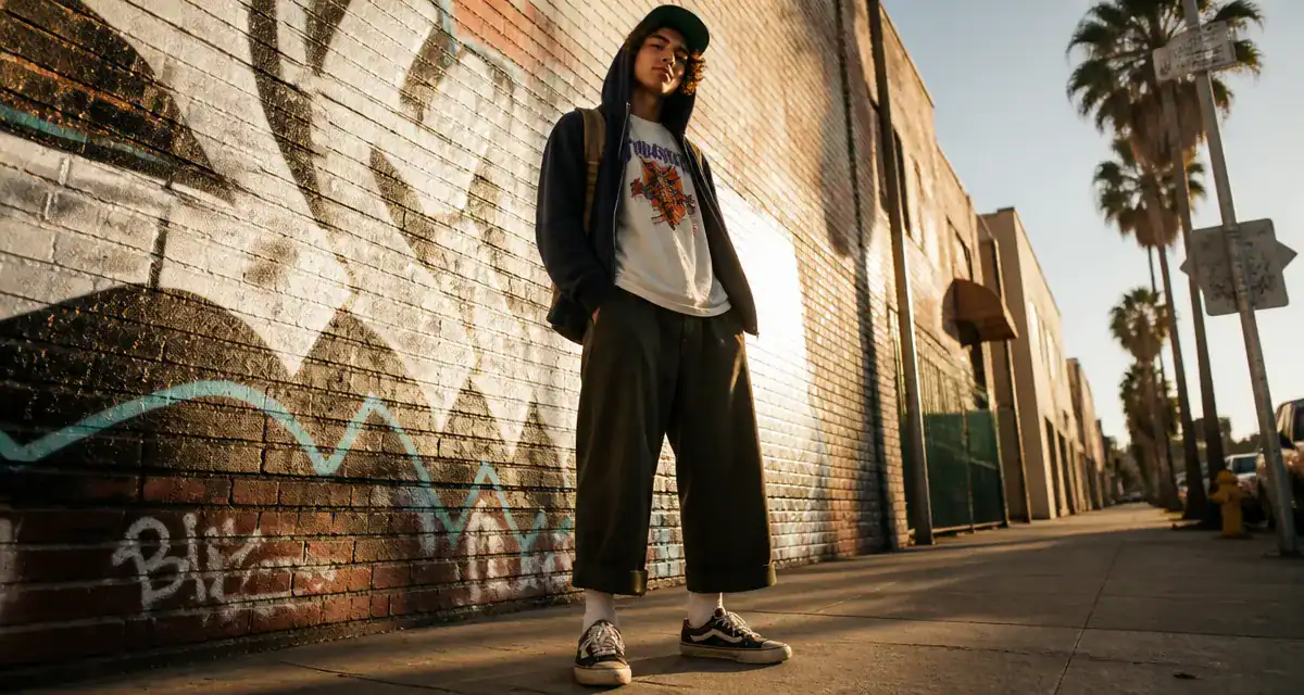 Style skateur homme authentique debout rue urbaine