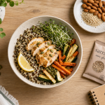 Aliments sans gluten sans lactose : quinoa, poulet, graines
