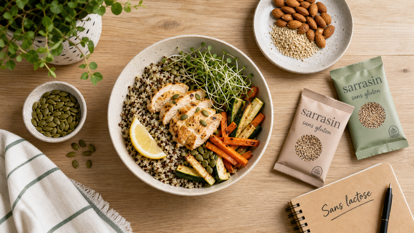 Aliments sans gluten sans lactose : quinoa, poulet, graines