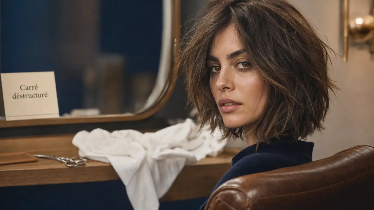 Carré destructuré : gros plan femme en studio, coupe souple
