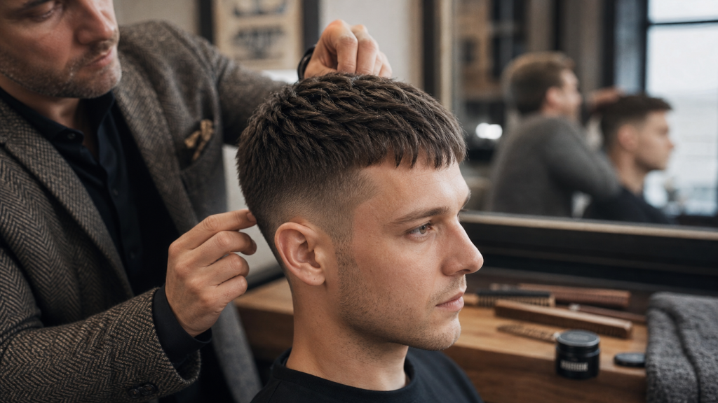 Crew cut revisité : texture 2–5 cm, coupe courte texturée