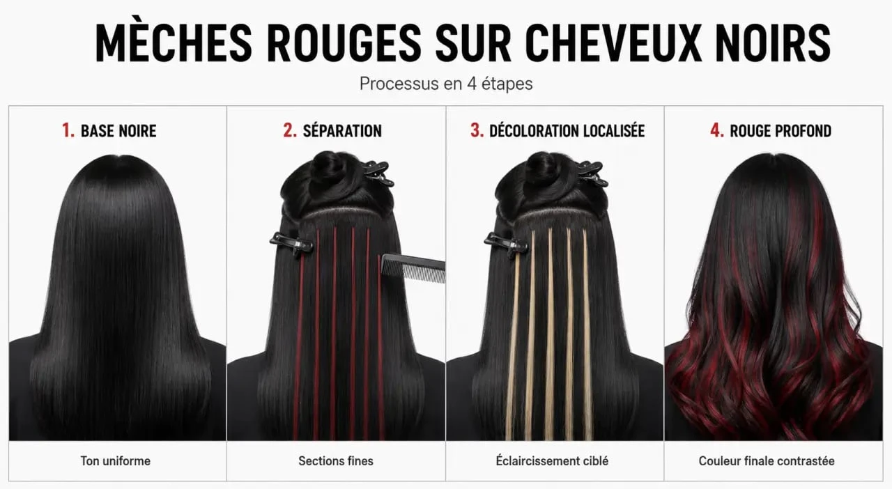 Mèches rouge sur cheveux noir : illustration étape par étape du passage du noir au rouge