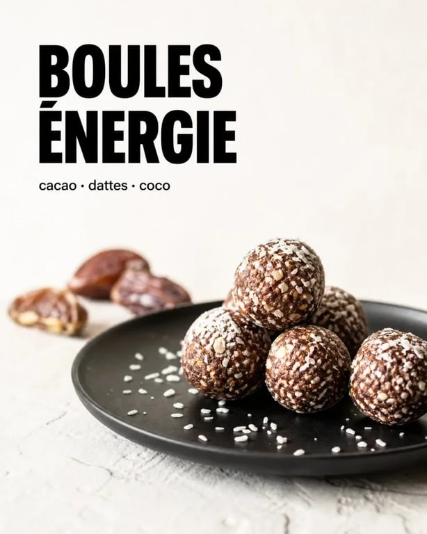Energy balls au cacao, dattes et noix de coco sur une assiette sombre