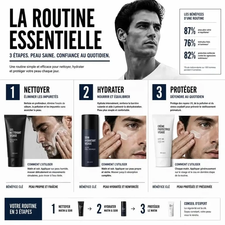Routine de grooming homme en 3 étapes : nettoyer, hydrater et protéger