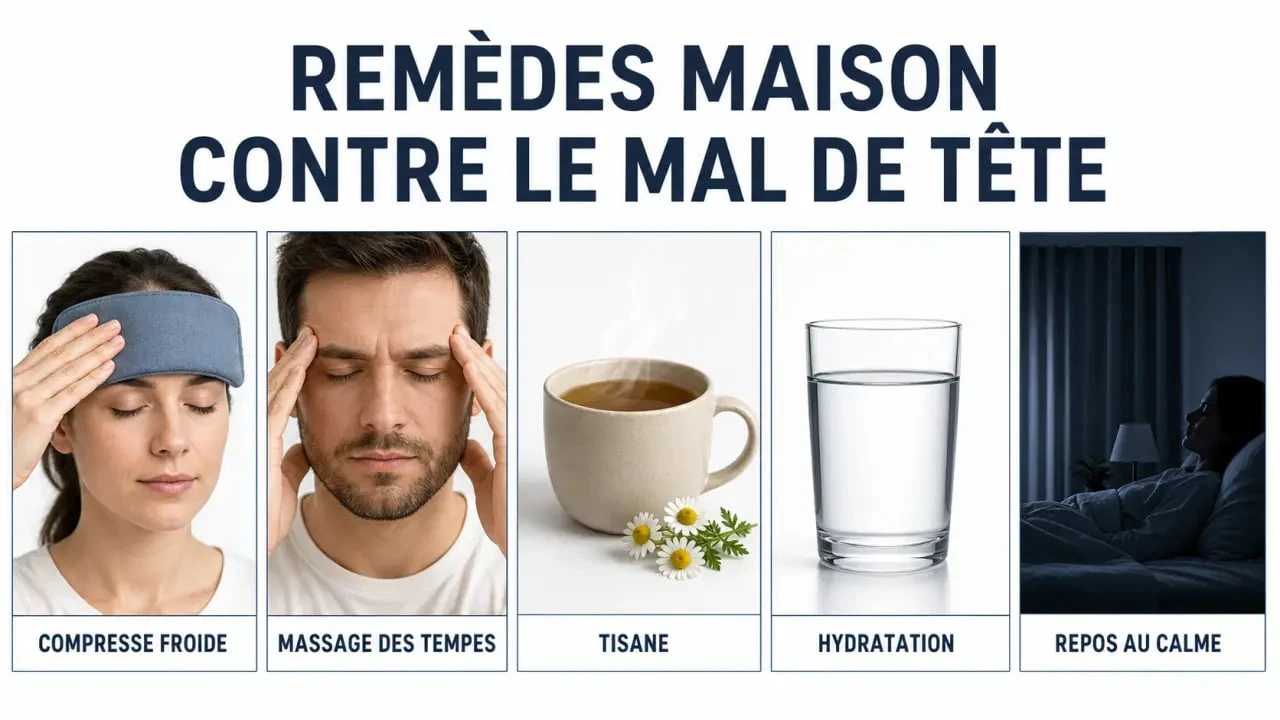 Infographie mal de tête remède de grand-mère avec compresse froide, massage des tempes, tisane et hydratation