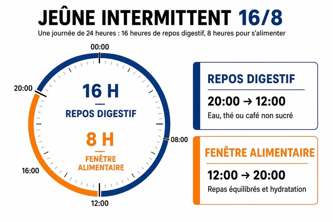 Infographie du cycle de jeûne intermittent 16/8 montrant la répartition des heures de jeûne et de repas