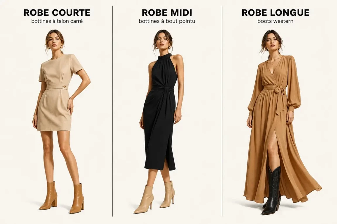 Bottine robe : trois associations de style avec robe courte, midi et longue