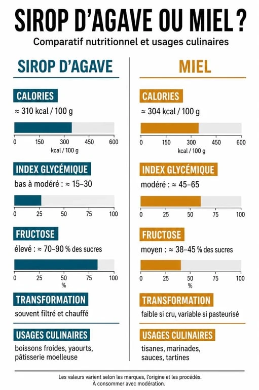 Sirop d agave ou miel : infographie comparative des calories, de l’index glycémique, du fructose et des usages